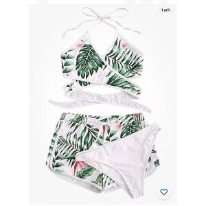 SweatyRocks Womens Three Piece Swimsuit Leaf Print Wrap Halter Top Shorts Size L